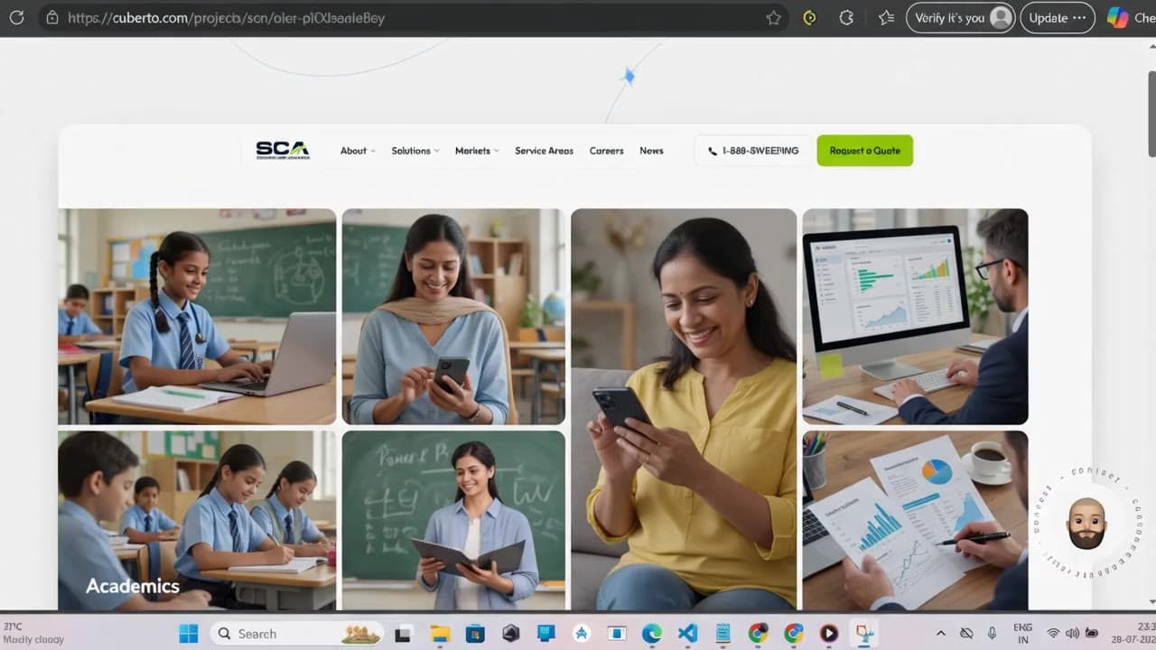 School administrator working at a laptop with the ERP dashboard shown on a floating screen